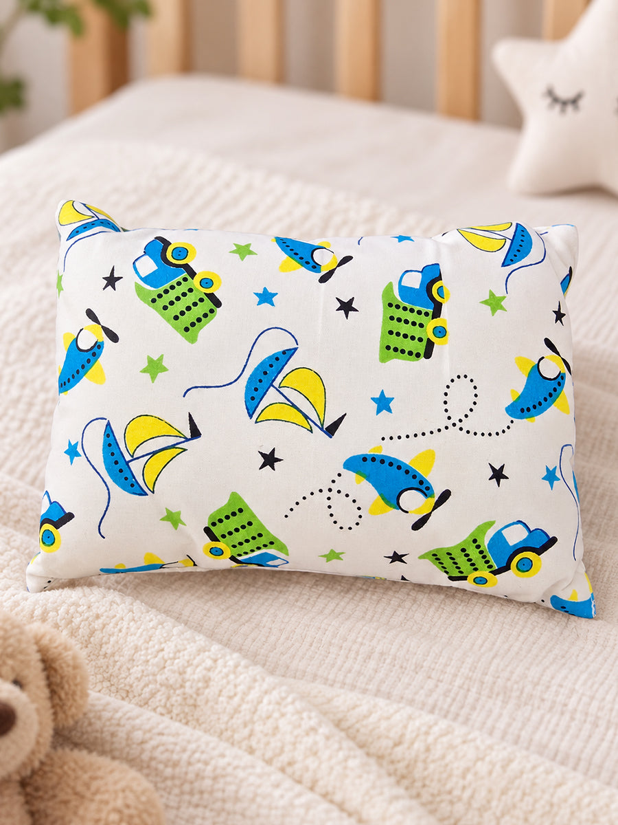 Ziva Baby Pillow with Cotton Cloth Cover – Multicolour Transport Print | Lightweight Soft-Filled Inner Cushion