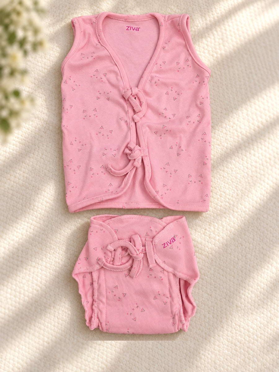 Ziva Newborn Knitted Cotton Front Open Tie Jabla with Light Padded Tie Nappy – Soft Pink Mini Print | 1 Jabla + 1 Nappy