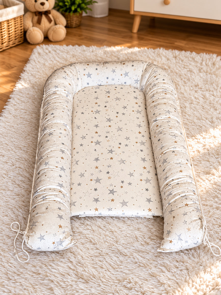 Premium Organic Cotton Multipurpose Baby Nest – Newborn Baby Lounger & Baby Bed | Grey & Gold Star Print | Ziva Collected | Carefully Selected for Your Little One
