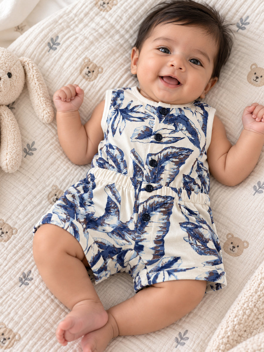 Ziva Baby Playsuit Romper – Navy Floral Print | Knitted Cotton | Sleeveless | Full Front Button Open