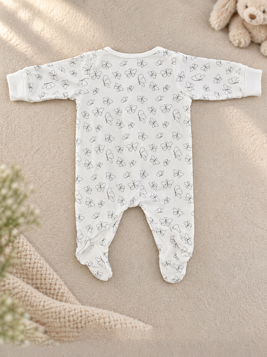 Ziva Baby Sleepsuit with Cap – Off-White Butterfly Print | Premium Knitted Cotton | Front Zip | Fold-Over Mittens & Integrated Booties