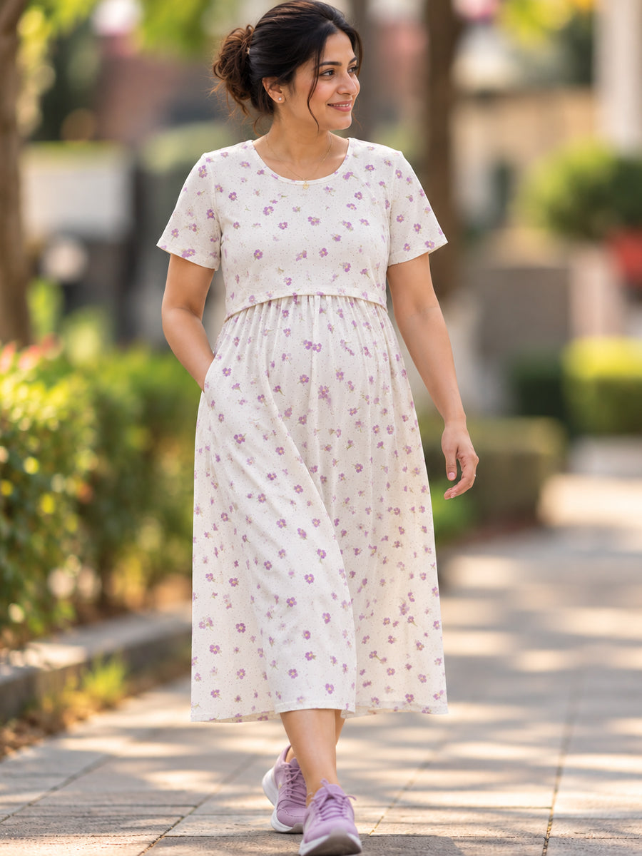 Ziva Zipless Maternity & Feeding Knitted Dress with Adjustable Waist Tie & Side Pocket | Soft Off-White Orchid Floral & Dotted Print