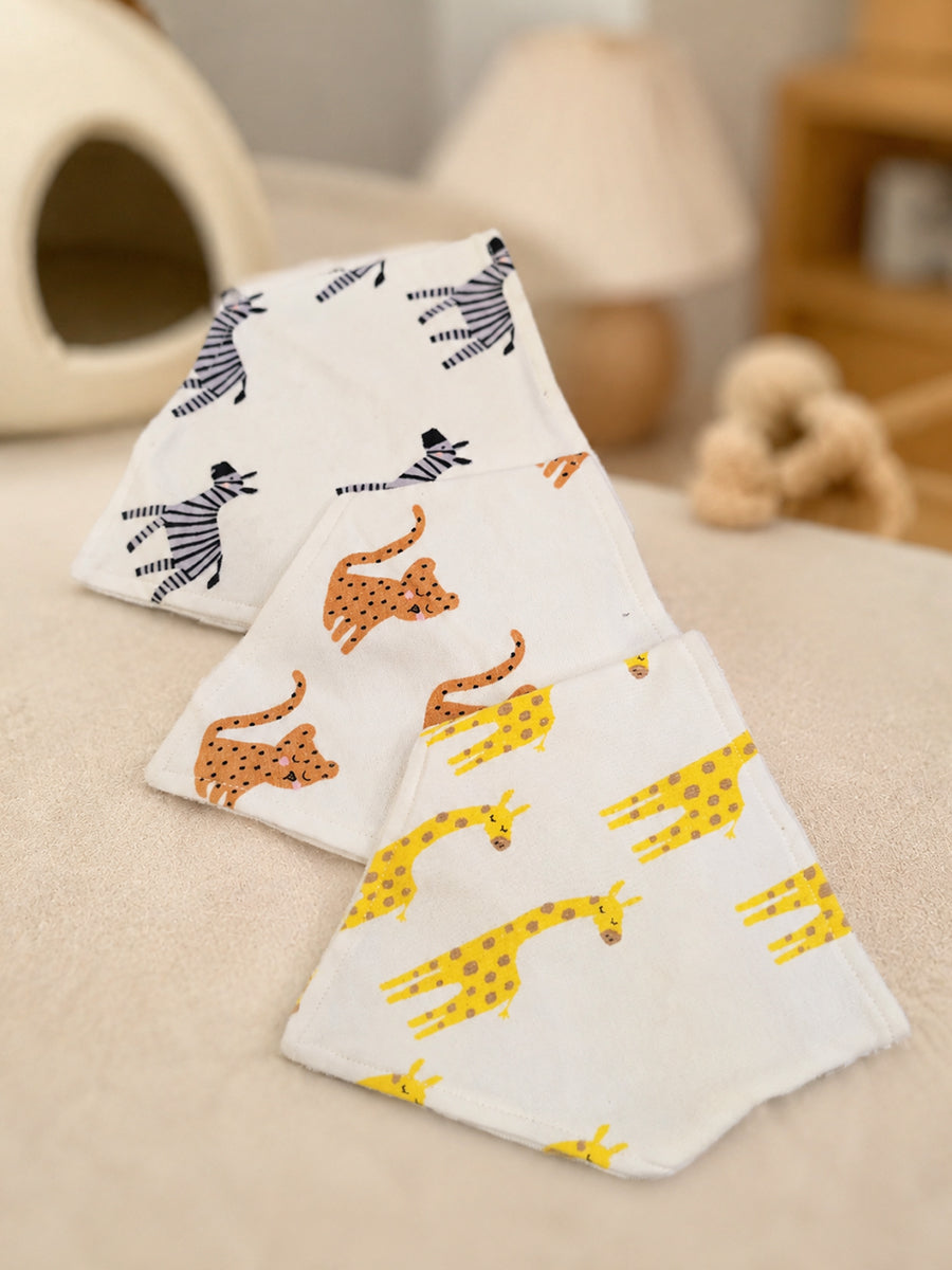 Ziva Premium Knitted Cotton Baby Bib – Pack of 3 | Soft Terry Lining | Adjustable Press Buttons | Assorted Animal Prints