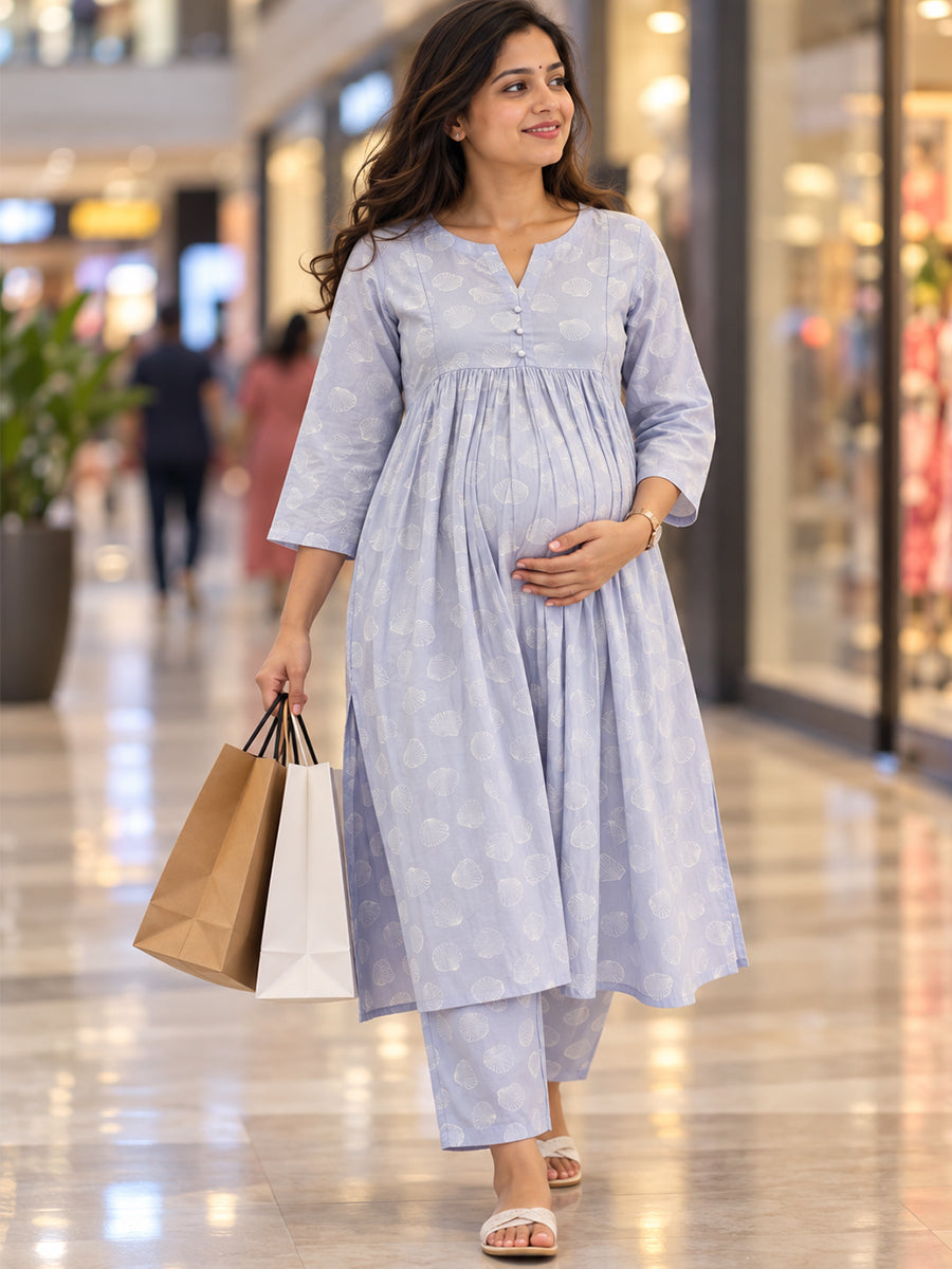 Ziva Maternity & Feeding Cotton Co-ord Set with Side Zips & Pockets – Pale Lavender Seashell Print
