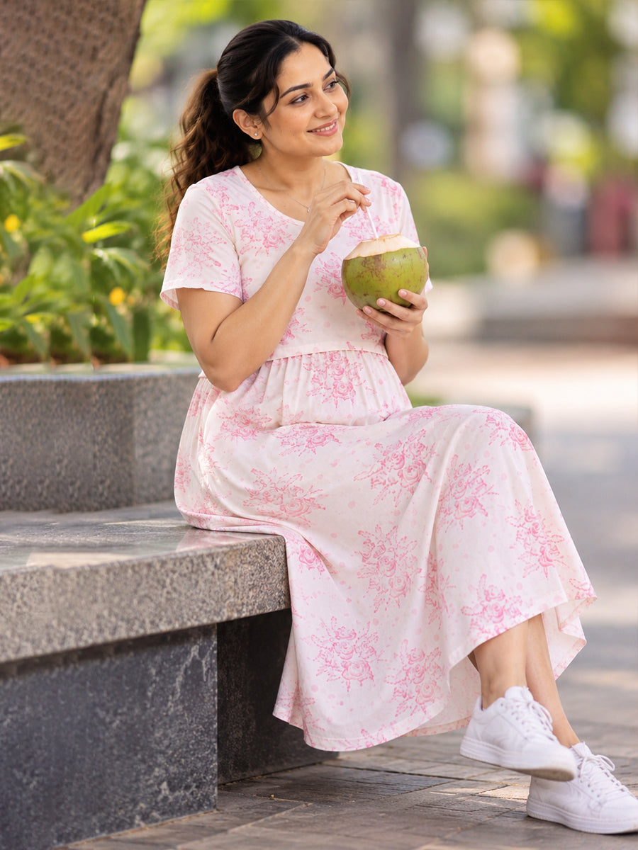 Ziva Zipless Maternity & Feeding Knitted Dress with Adjustable Waist Tie & Side Pocket | Very Light Blush Pink & Dusty Rose Floral Print
