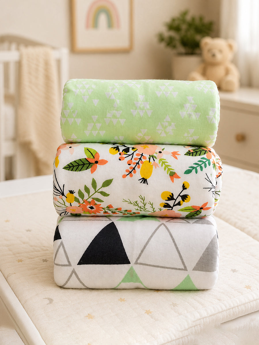 Ziva Premium Cotton Baby Burp Cloth – Soft, Absorbent & Multipurpose | Assorted Prints | 3 Pieces