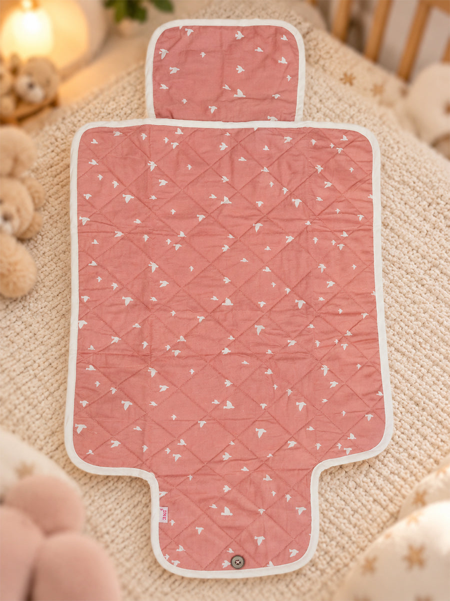 Ziva Baby Nappy & Diaper Changing Sheet – Foldable Travel Changing Mat with Storage Pocket | Peach Pink Little Bird Print