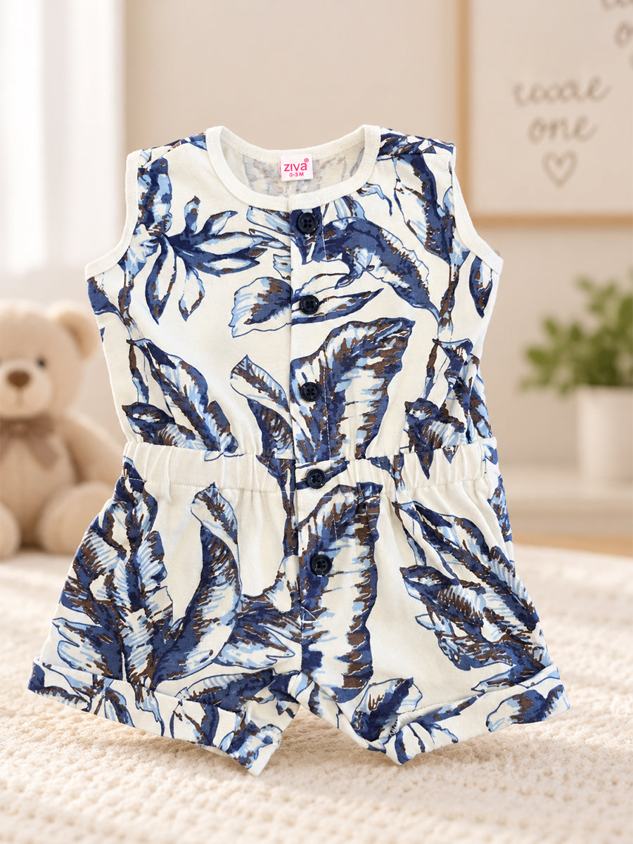 Ziva Baby Playsuit Romper – Navy Floral Print | Knitted Cotton | Sleeveless | Full Front Button Open