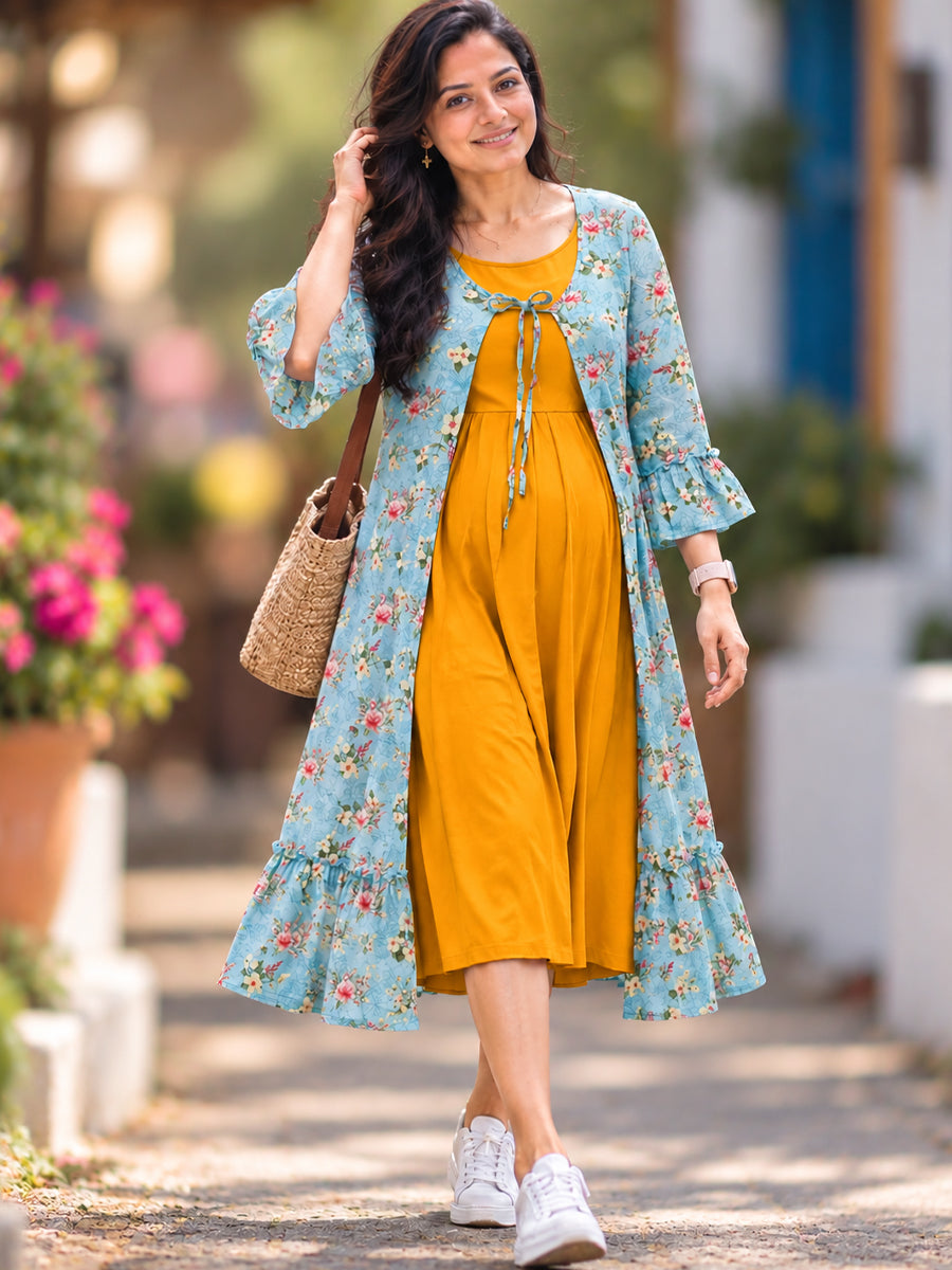 Ziva Premium Rayon Maternity & Feeding Dress with Sleeveless Inner & Floral Tie-Up Long Jacket with side pocket – Dark Orange Yellow & Aqua Blue Floral
