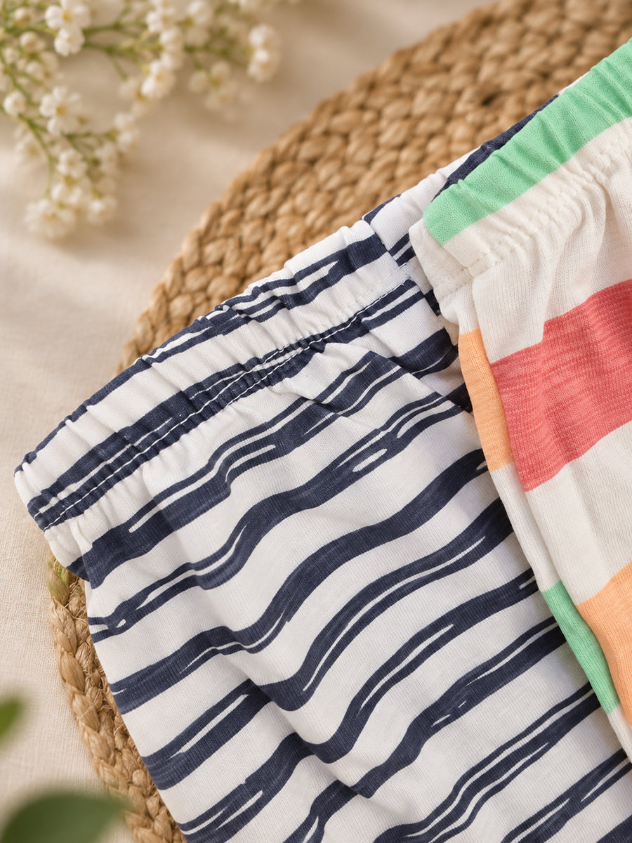 Ziva Baby Premium Knitted Cotton Pants Combo – Pack of 2 | Navy Stripe & Multicolour Stripe
