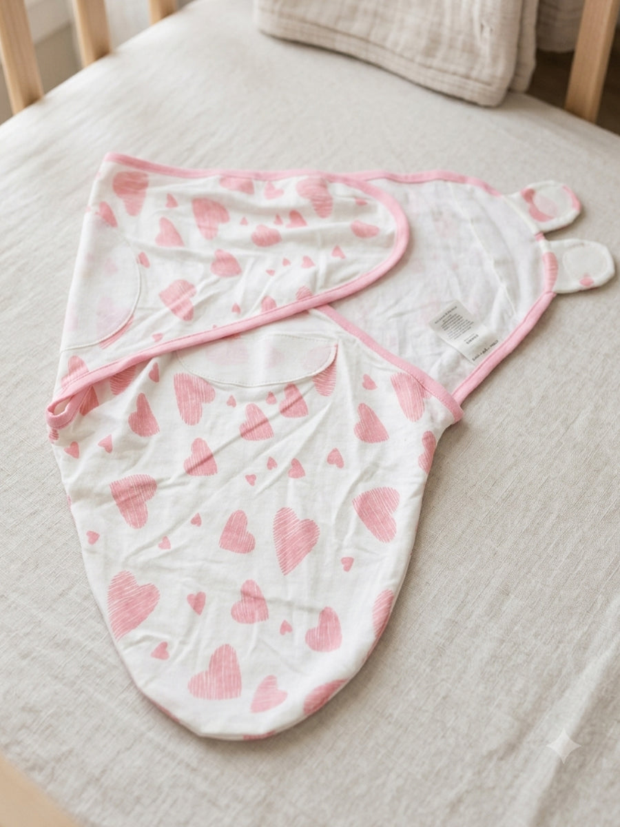 Baby Knitted Cotton Velcro Swaddle – White with Pink Heart Print | Adjustable Velcro Closure | Ziva Collected | Carefully Selected for Your Little One