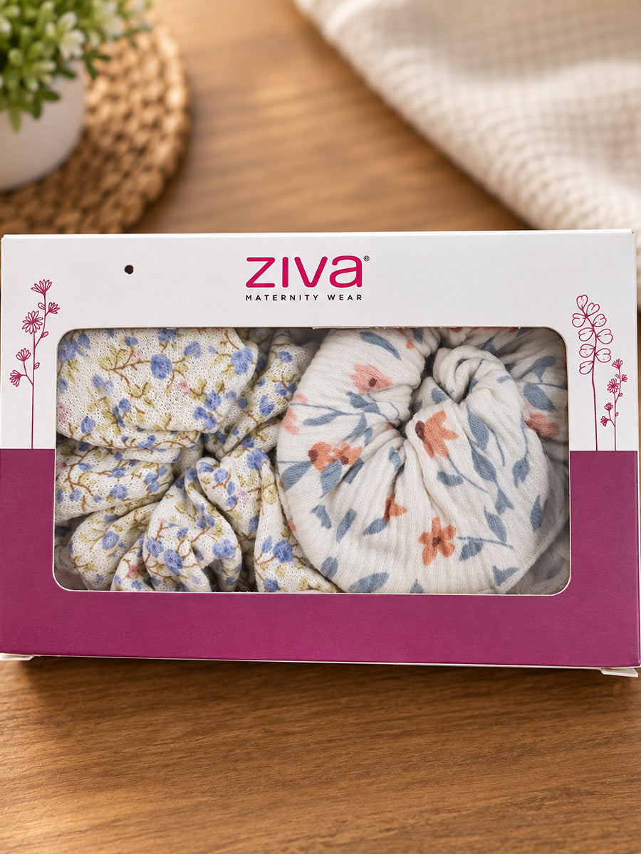 Ziva Moms Floral Bow Hair Band – Pink & Blue Blossom Print | Soft Fabric Scrunchie-Style Hair Band | 2 Piece Combo