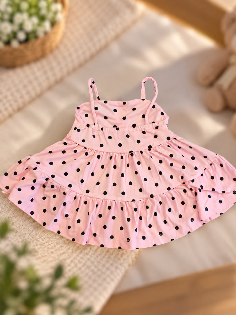 Ziva Baby Girl Strappy Frock with Pantie – Blush Pink Black Polka Dot Print | Premium Knitted Cotton | Tiered Frill & Front Buttons | 2-Piece Set
