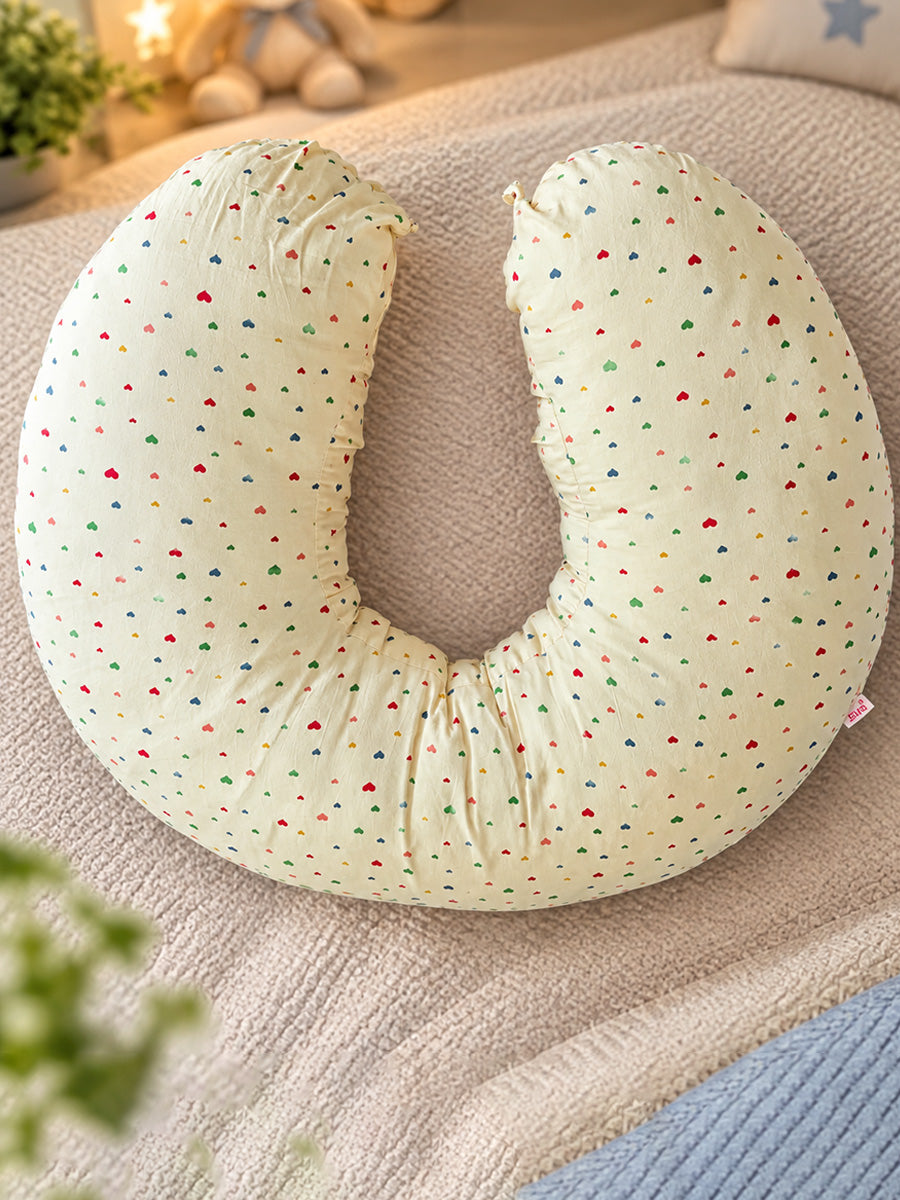 Ziva Multipurpose Feeding Pillow – Premium Organic Cotton | Soft Cream with Multicolour Tiny Heart Print | Removable & Washable Cover