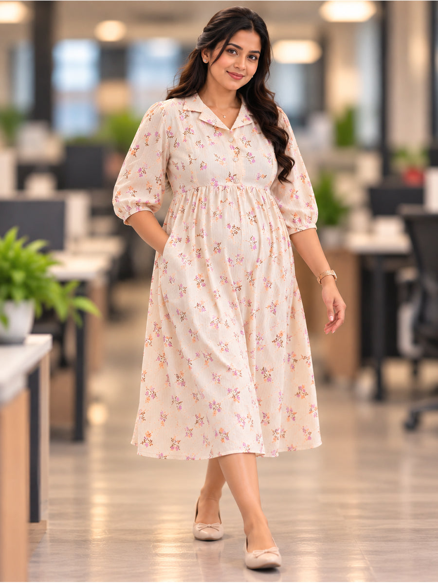 Ziva Premium Cotton Seersucker Maternity & Feeding Dress with Notched Collar, Concealed Zips & Side Pocket | Natural Ivory Multicolour Botanical Floral