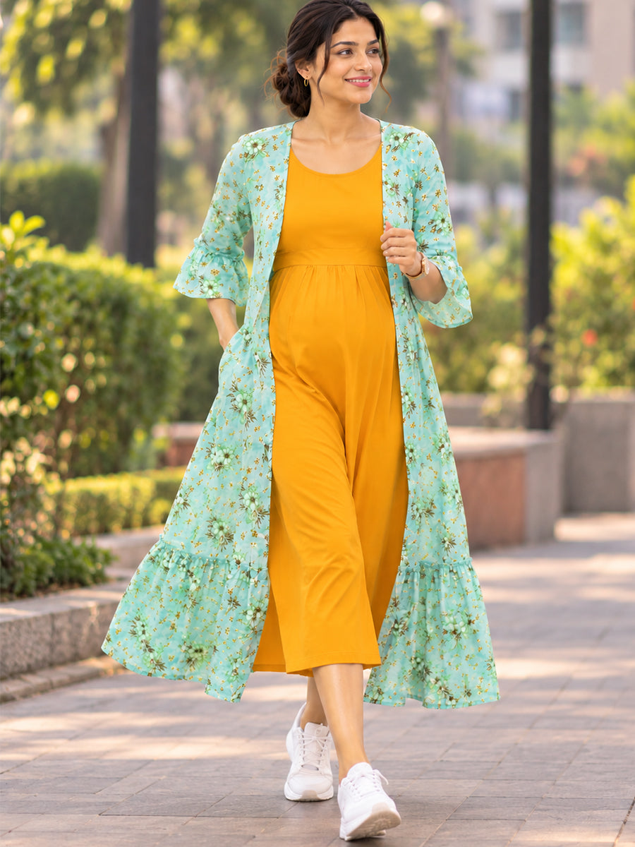 Ziva Premium Rayon Maternity & Feeding Dress with Sleeveless Inner & Floral Tie-Up Long Jacket With Side Pocket– Dark Orange Yellow & Soft Mint Green Floral