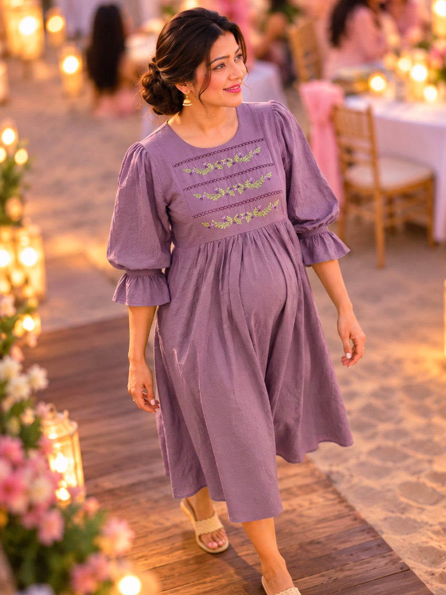 Ziva Premium Crinkle Viscose Maternity & Feeding Occasion Dress with Hand-Embroidered Yoke & Adjustable Puff Sleeves | Dusty Lavender