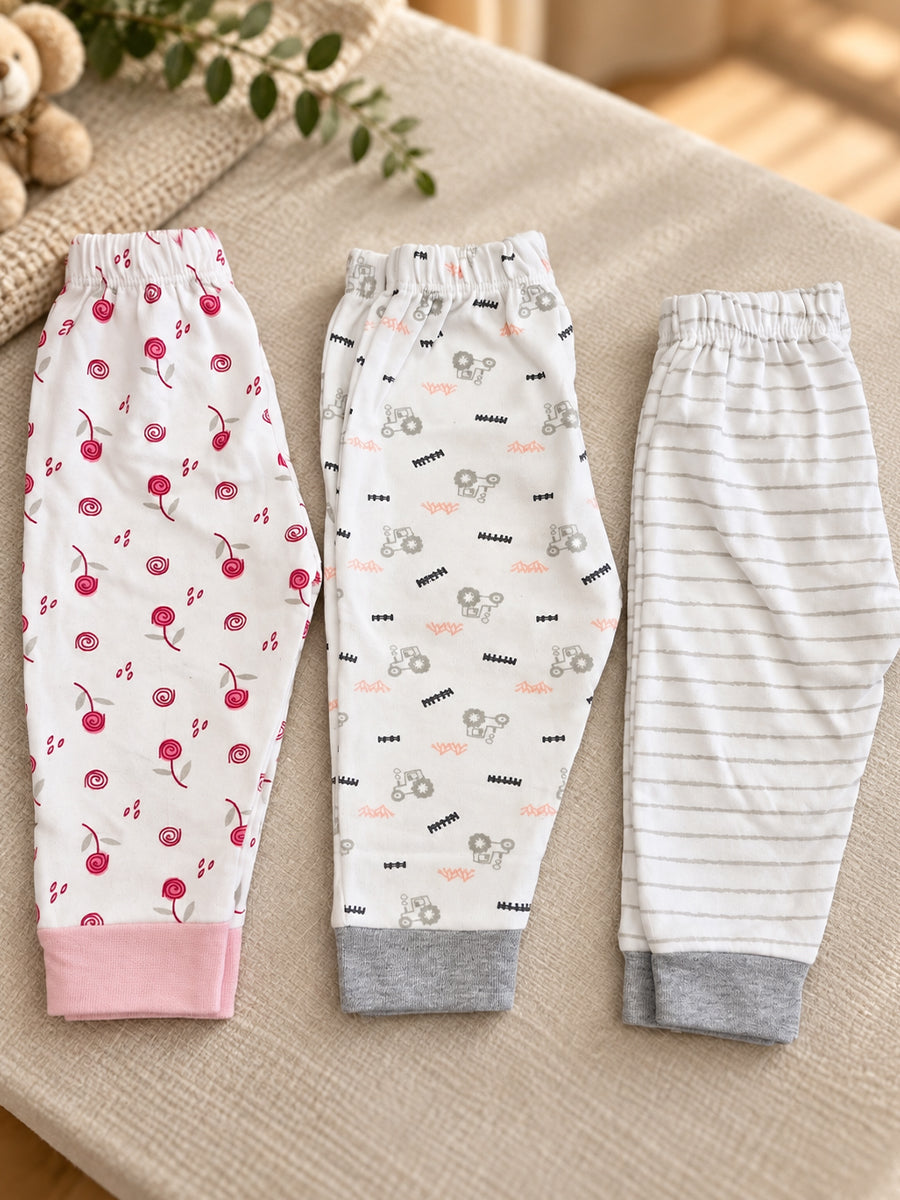 Baby Knitted Cotton Pants Combo – Pack of 3 | Assorted Floral, Tractor & Stripe Prints | Newborn | Ziva Collected | Carefully Selected for Your Little One