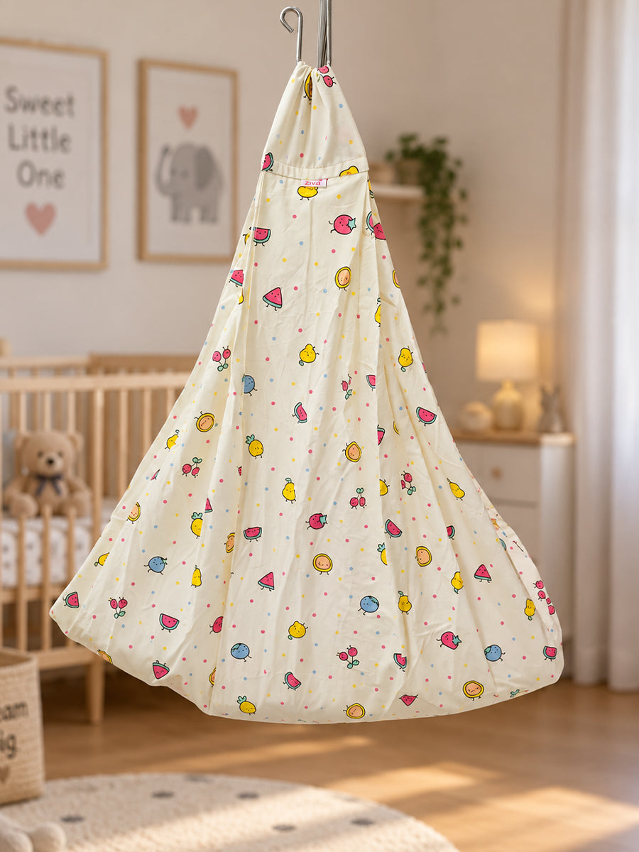 Ziva Baby Cradle – Fruity Friends Cream | Premium Cotton Cloth Cradle with Mosquito Net, Hanger & S-Hook