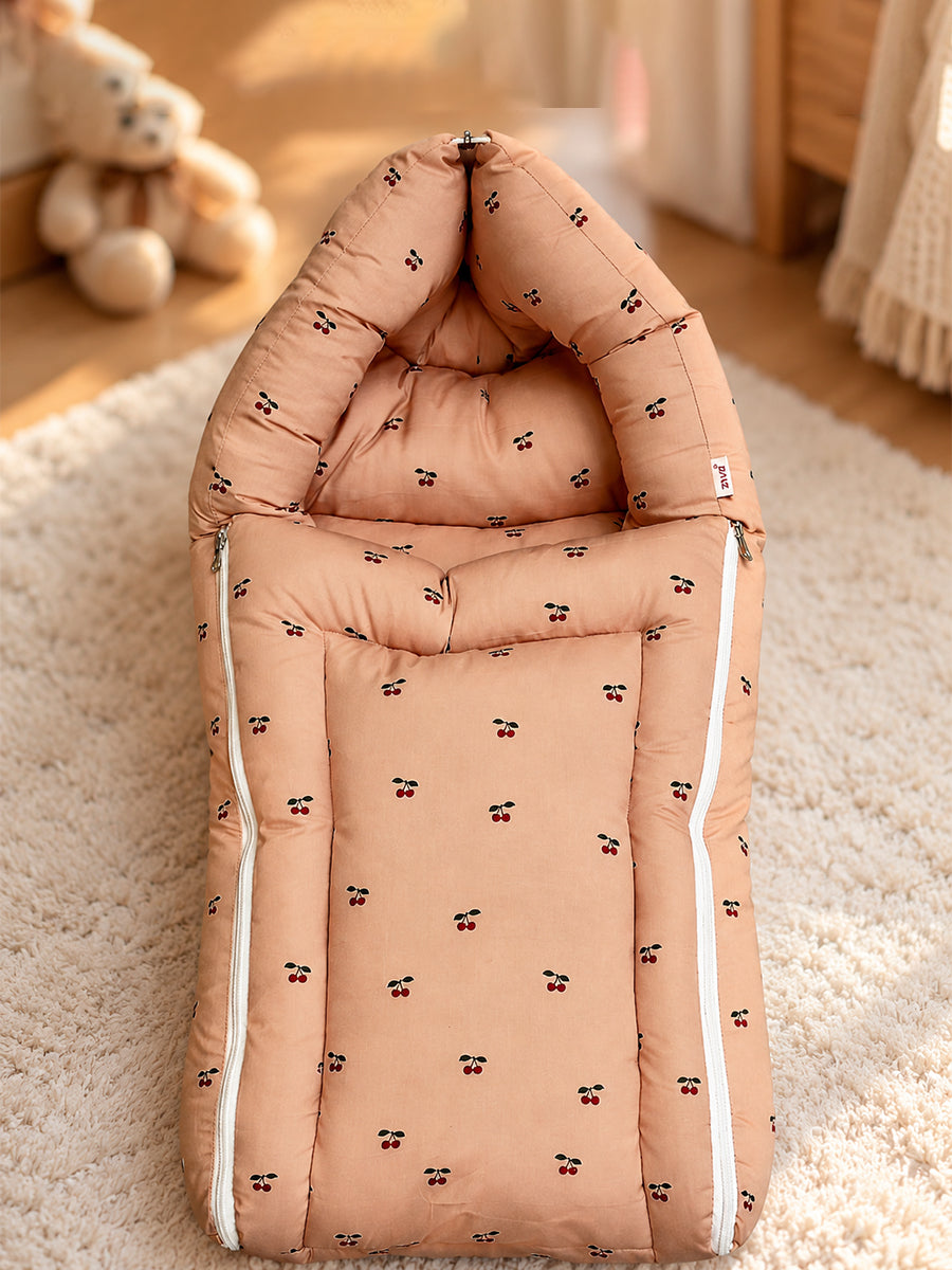 Ziva 3-in-1 Baby Bed – Organic Cotton Carry Nest cum Sleeping Bag (Cherry Print, Brown Colour)