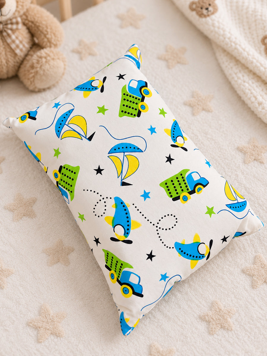 Ziva Baby Pillow with Cotton Cloth Cover – Multicolour Transport Print | Lightweight Soft-Filled Inner Cushion