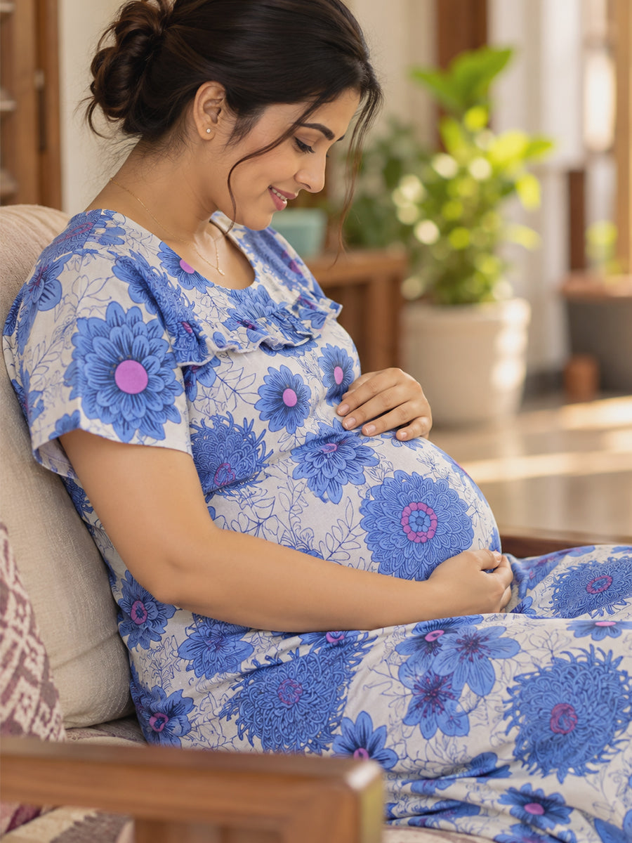 Ziva Maternity & Feeding Cotton Short Nighty – Concealed Feeding Zips & Side Pocket | Cornflower Blue Floral Print