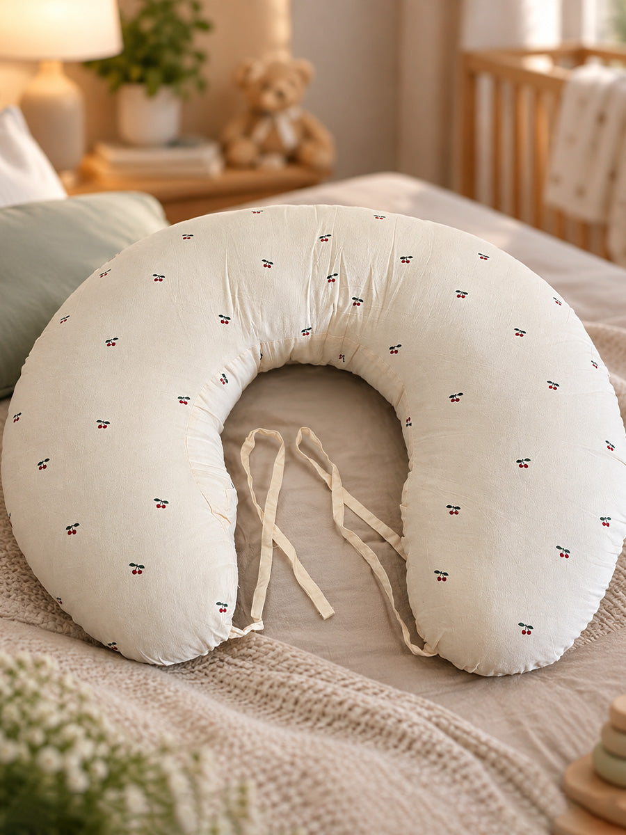 Ziva Multipurpose Feeding Pillow – Premium Organic Cotton | Soft Cream with Tiny Cherry Print | Removable & Washable Cover