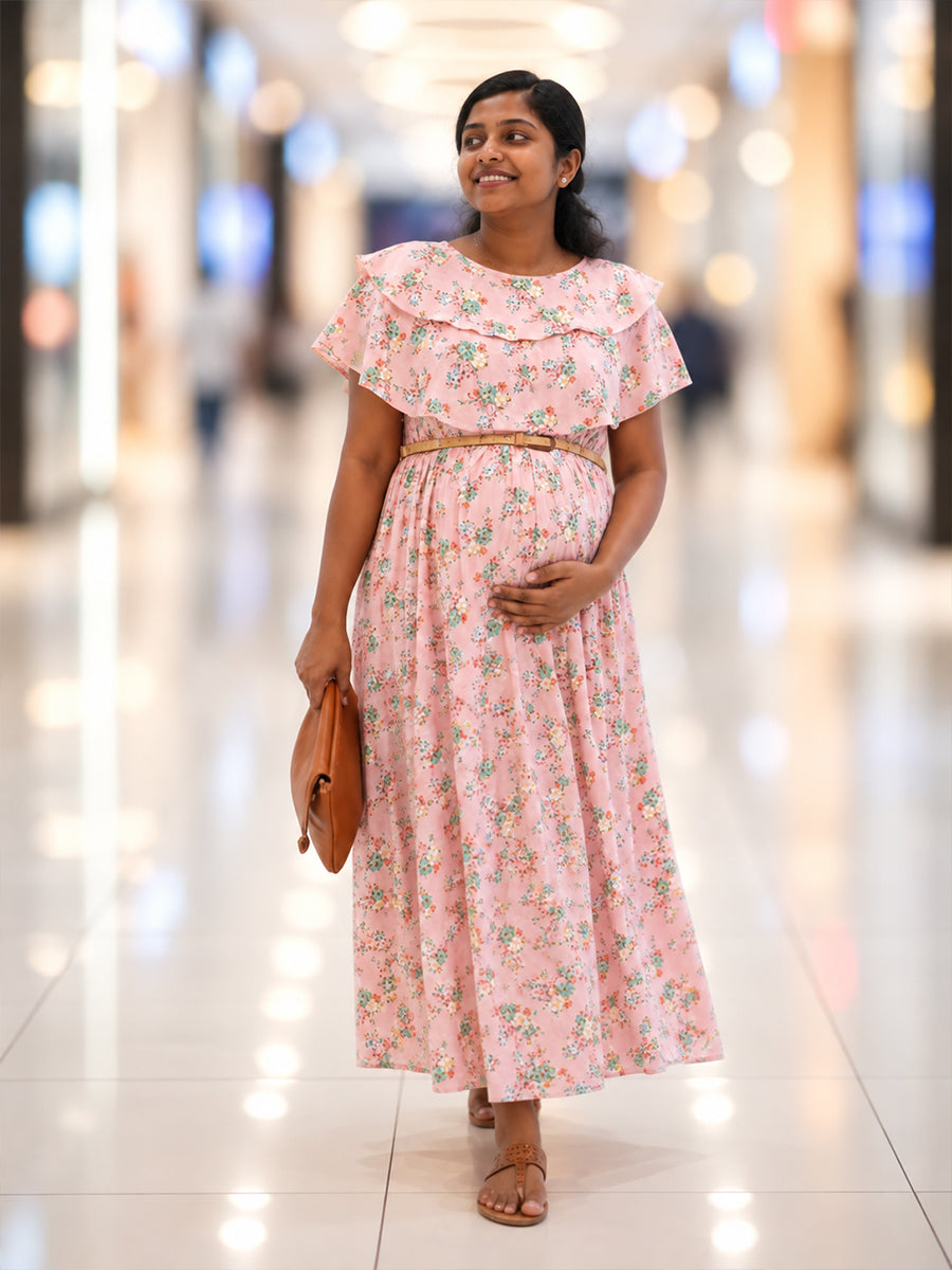 Ziva Light Blush Pink Rayon Maternity & Feeding Dress with Blue & Purple Floral Print, Ruffled Flounce & Dual Concealed Zips