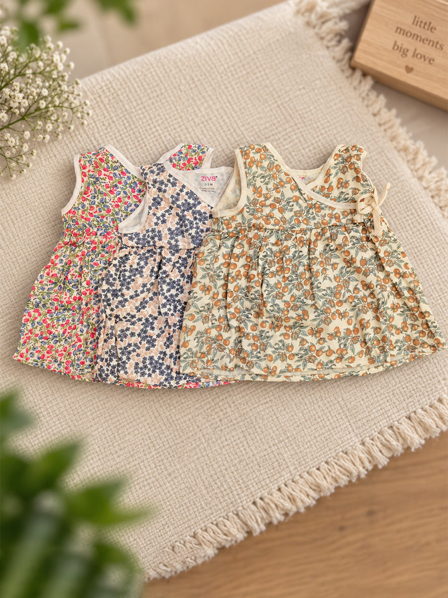 Ziva Muslin Baby Girl Frock – Side-Open Overlap with Adjustable Tie | Pack of 3 | 100% Cotton Muslin | Assorted Prints (Print Details: Check Product Description)