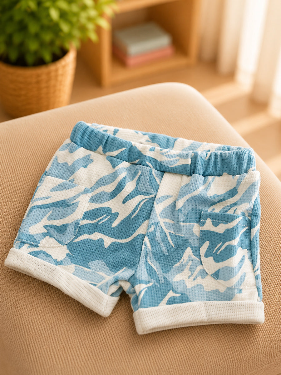 Ziva Premium Waffle Knitted Cotton Baby Co-Ord Set – Collar Neck Shirt & Elastic Waist Shorts | Aqua Blue & Off White | Abstract Camouflage Print