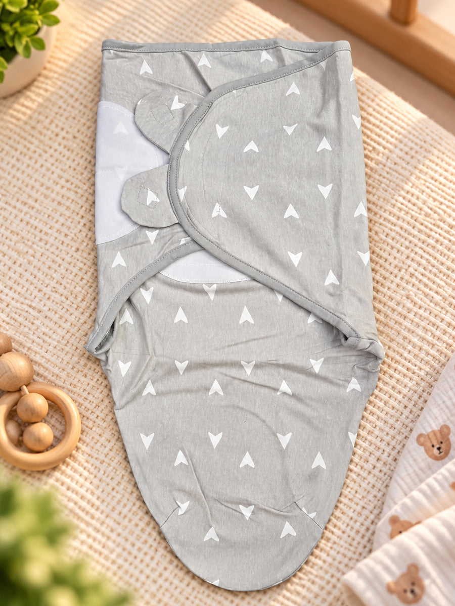 Baby Knitted Cotton Velcro Swaddle – Light Grey with White Mini Triangle Print | Adjustable Velcro Closure | Ziva Collected | Carefully Selected for Your Little One