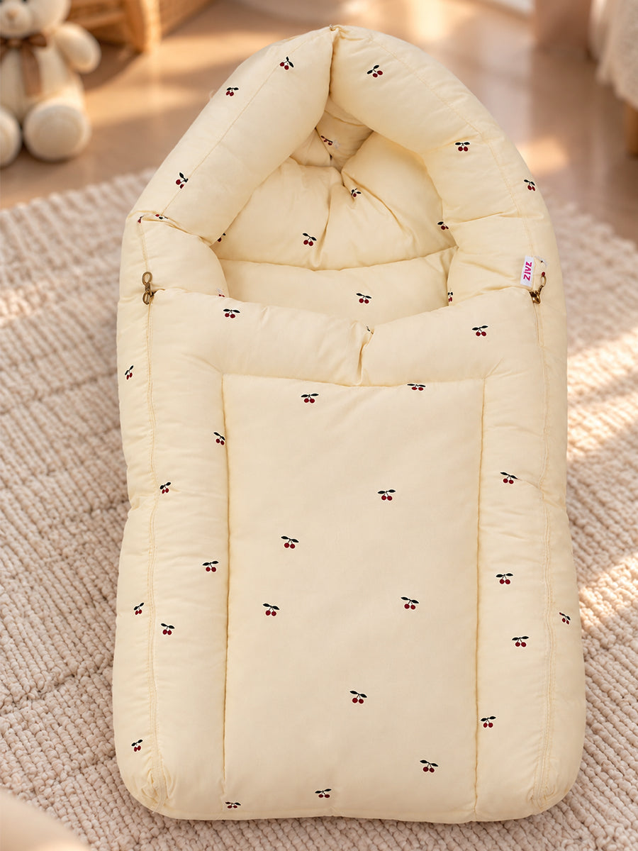 Ziva 3-in-1 Baby Bed – Carry Nest cum Sleeping Bag (Cherry Print, Cream | Organic Cotton Fabric)