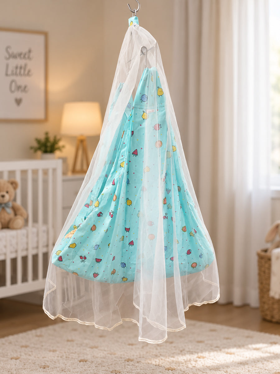 Ziva Baby Cradle – Fruity Friends Cream | Premium Cotton Cloth Cradle with Aqua Blue Mosquito Net, Hanger & S-Hook