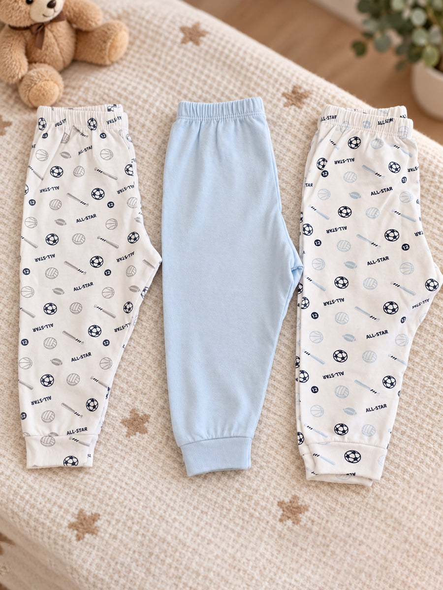 Baby Knitted Cotton Pants Combo – Pack of 3 | Assorted All-Star Sports Print & Baby Blue | 9–12 Months | Ziva Collected | Carefully Selected for Your Little One