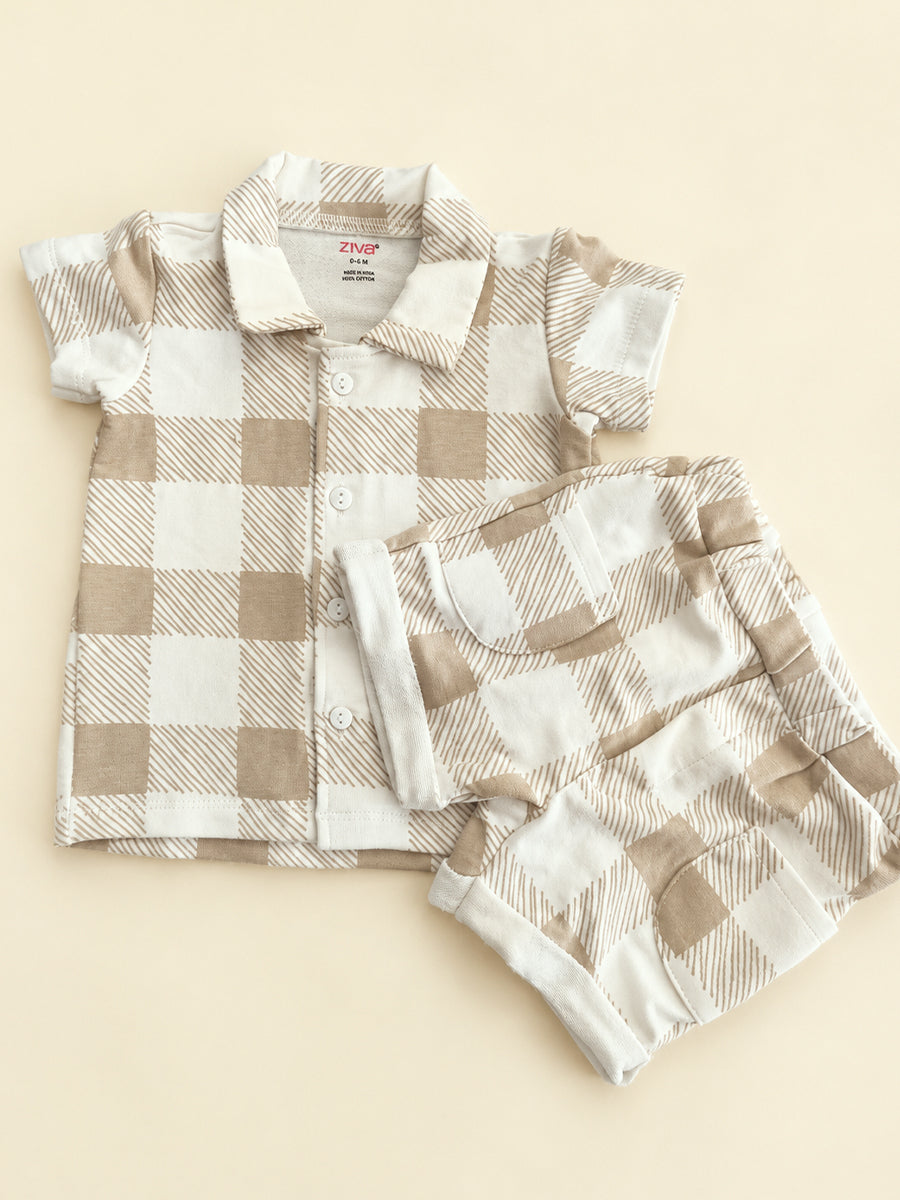 Ziva Premium Knitted Cotton Baby Co-Ord Set – Collar Neck Shirt & Elastic Waist Shorts | Cream & Grey Gingham Print