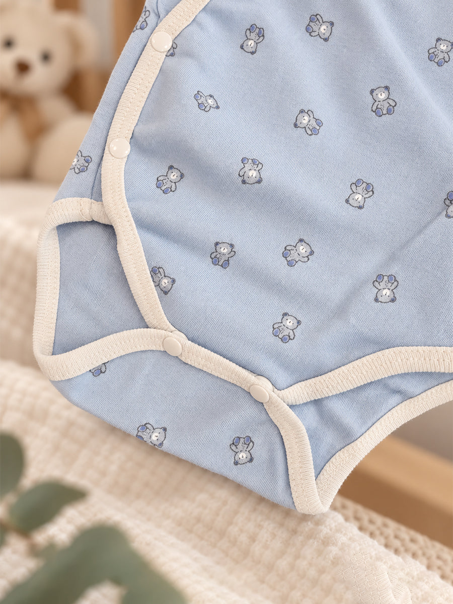 Ziva Baby Premium Knitted Cotton Overlap Romper – Pack of 3 | Baby Blue Teddy Bear, Cream Tiny Mouse & Garden Vegetable Assorted Prints