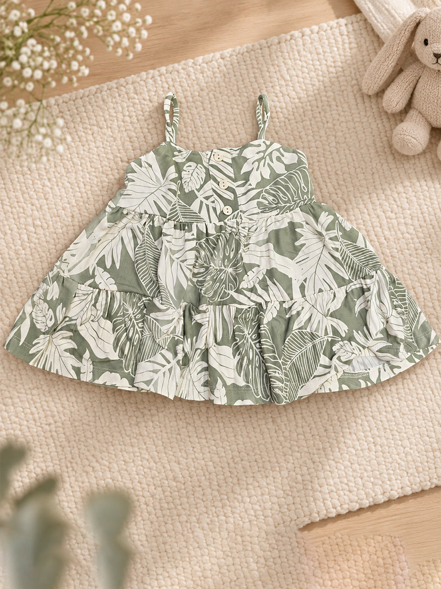 Ziva Baby Girl Strappy Frock with Pantie – Sage Green Tropical Leaf Print | Knitted Cotton