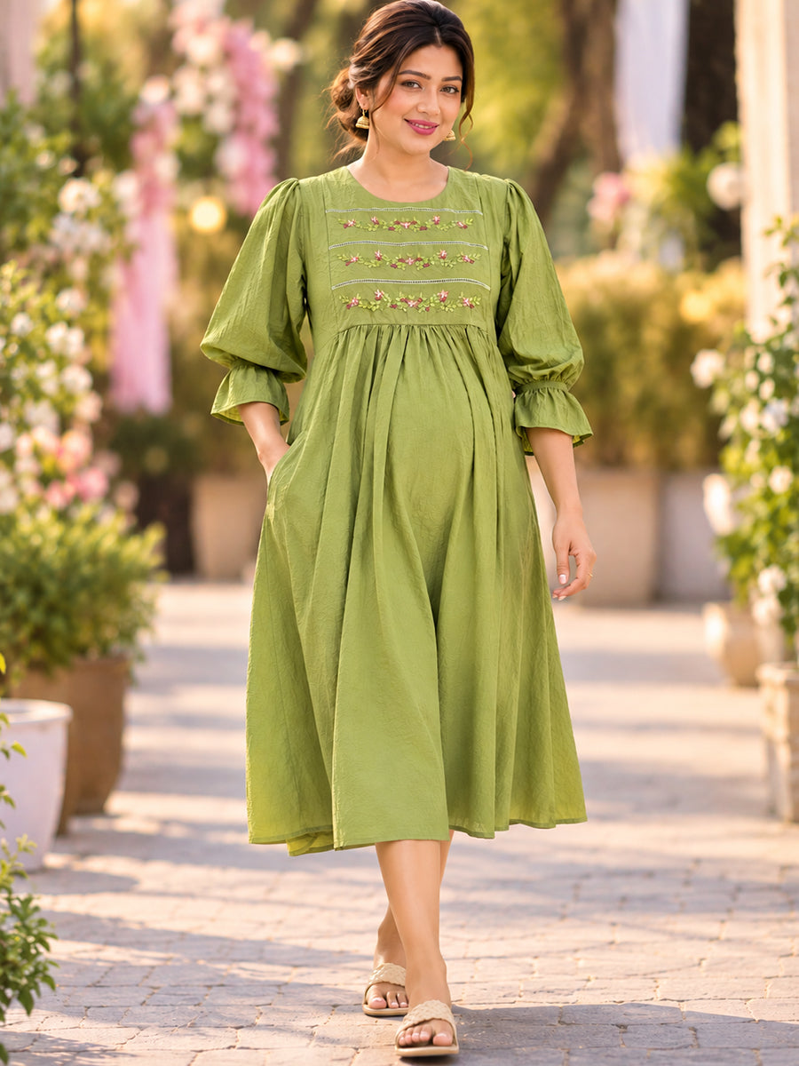Ziva Premium Crinkle Viscose Maternity & Feeding Occasion Dress with Hand-Embroidered Yoke & Adjustable Puff Sleeves | Olive Green