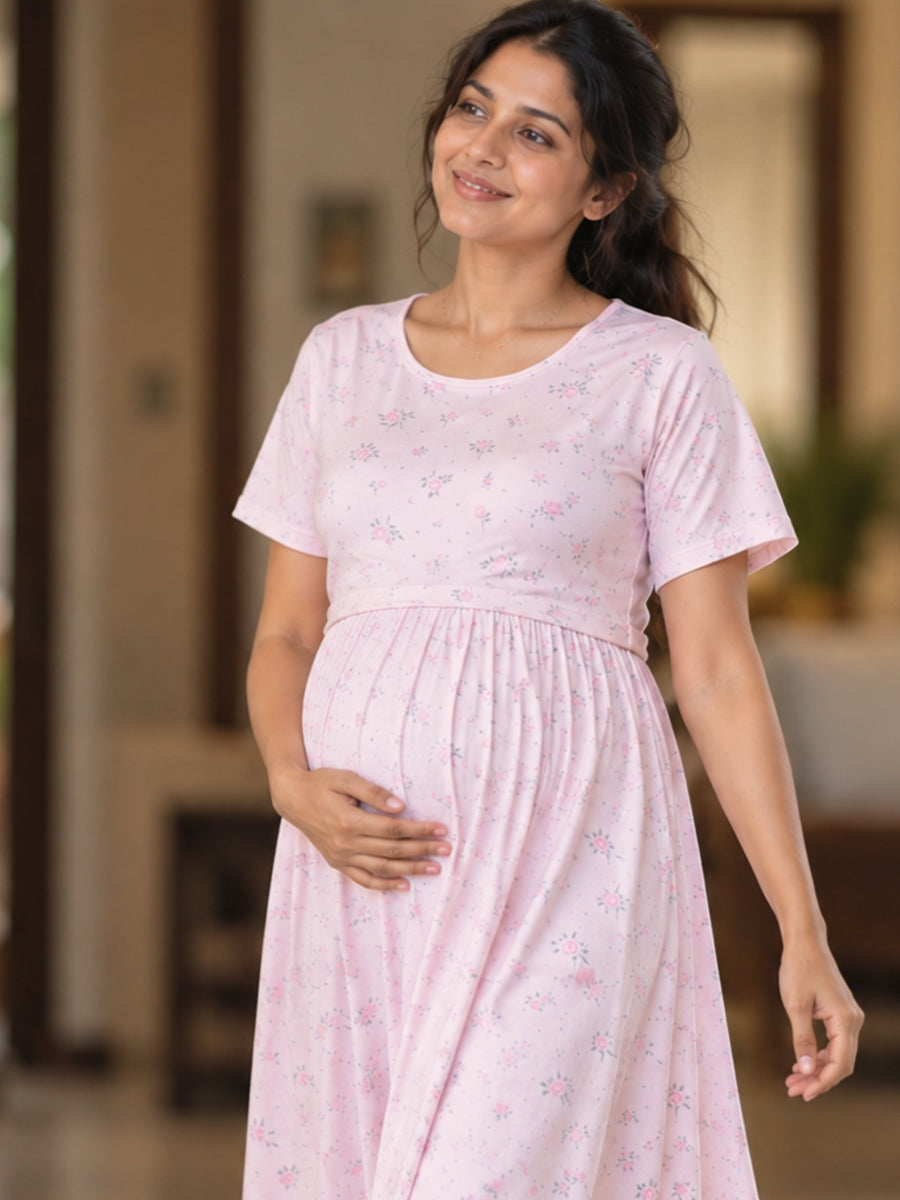 Ziva Zipless Maternity & Feeding Knitted Dress with Adjustable Back Tie & Side Pocket | Creamy Blush Pink Mini Rose Floral