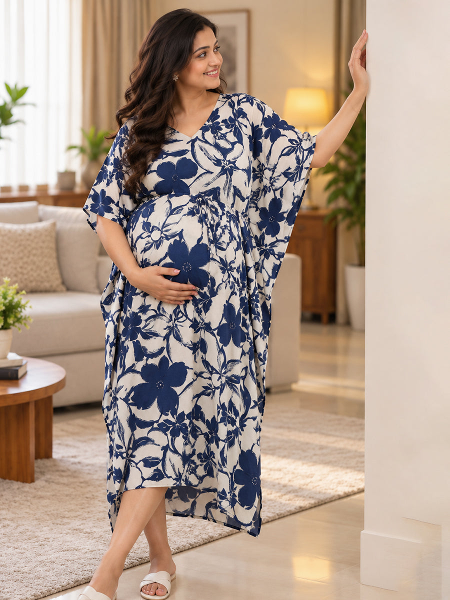 Ziva Maternity & Feeding Kaftan with Feeding Zip & Waist Adjustable Tie – Classic Navy Blue Floral Print