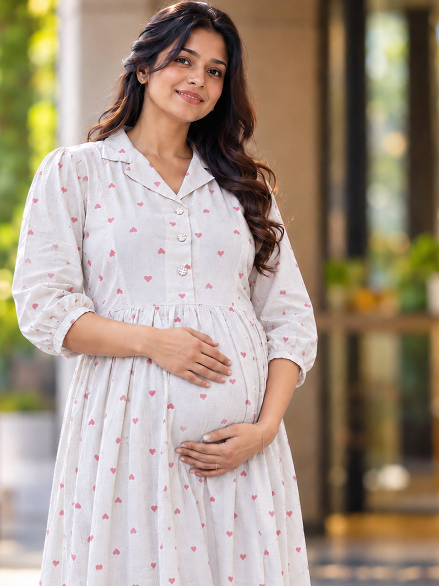 Ziva Premium Viscose Linen Maternity & Feeding Dress with Notched Collar, Concealed Zips & Side Pocket | Soft Cream Dusty Rose Heart Print