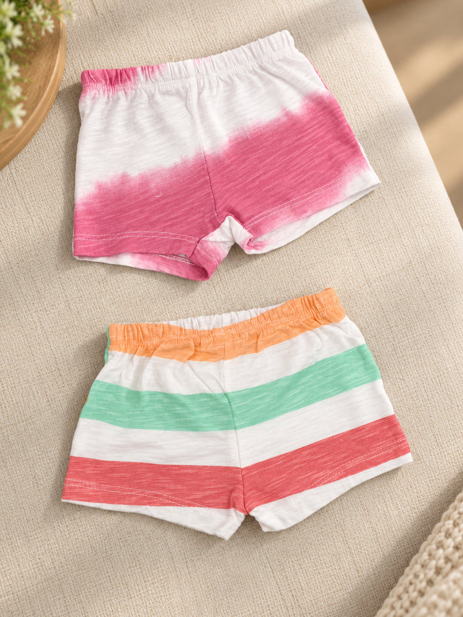 Ziva Baby Premium Knitted Cotton Shorts Combo – Pack of 2 | Pink Brushed Stripe & Multicolour Stripe