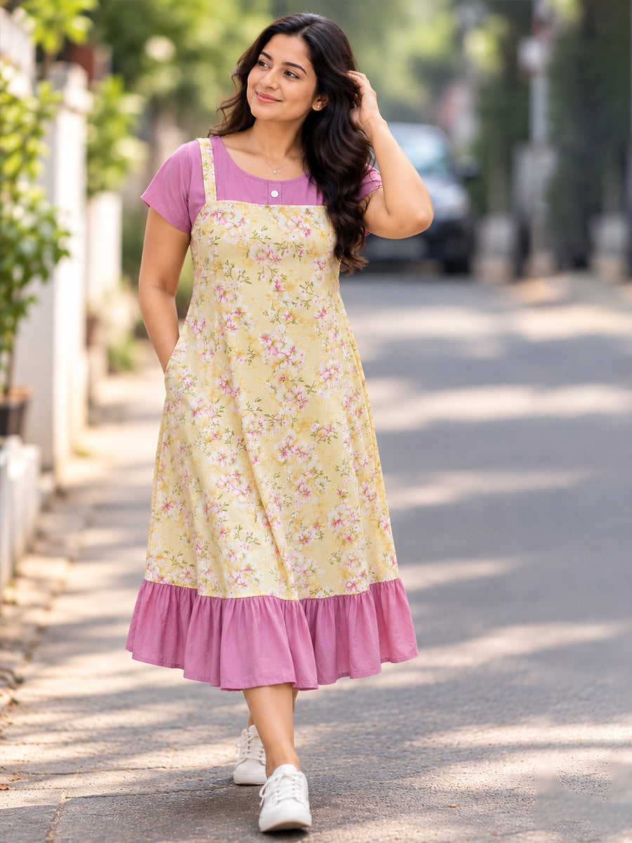 Ziva Maternity & Feeding Dungaree-Style Dress with Concealed Feeding Zips | Soft Lemon Floral & Soft Lavender