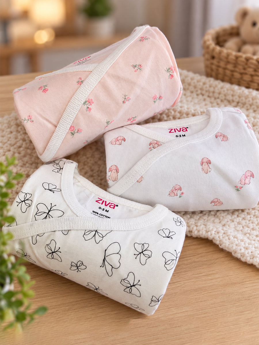 Ziva Baby Romper – Premium Knitted Cotton Overlap Style – Pack of 3 | Ivory Butterfly, White Pink Floral & Blush Pink Mini Floral Assorted Prints