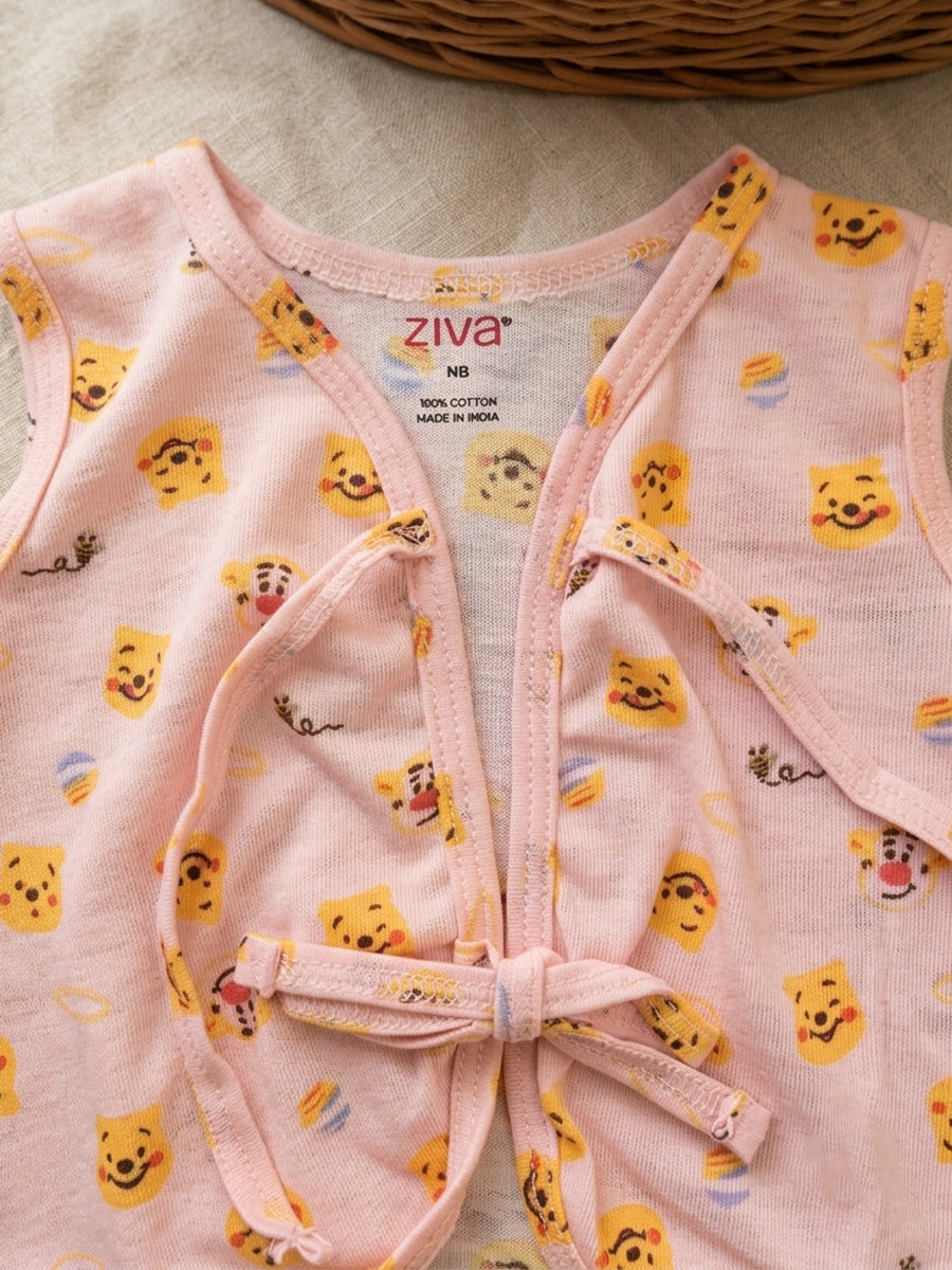 Ziva Newborn Knitted Cotton Front Open Tie Jabla with Light Padded Tie Nappy – Blush Pink Cute Bear Print | 1 Jabla + 1 Nappy