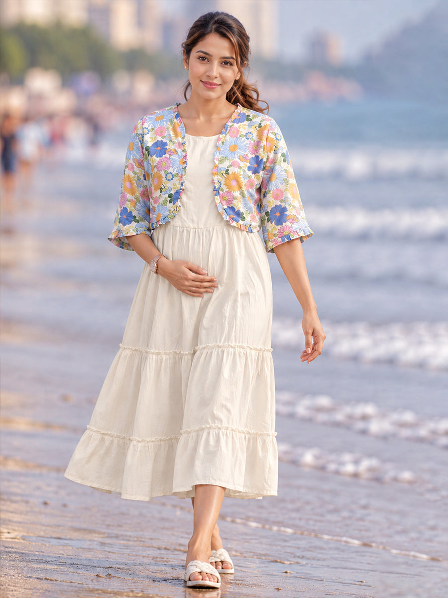 Ziva Maternity & Feeding Sleeveless Dress with Frill-Detail Floral Jacket | Off-White & Multicolour Floral