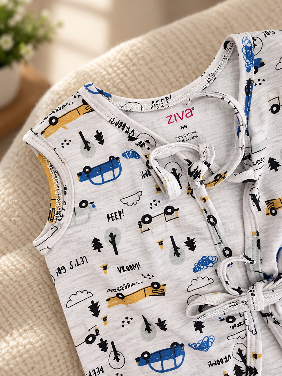 Ziva Newborn Knitted Cotton Front Open Tie Jabla with Light Padded Tie Nappy – Road Trip Vehicle Print | 1 Jabla + 1 Nappy