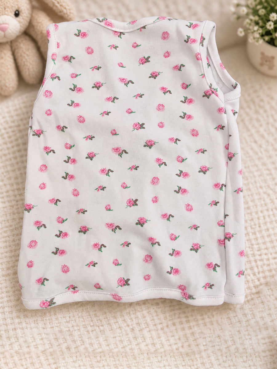 Ziva Newborn Cotton Front Open Tie Jabla with Tie Nappy – White Pink Rose Print