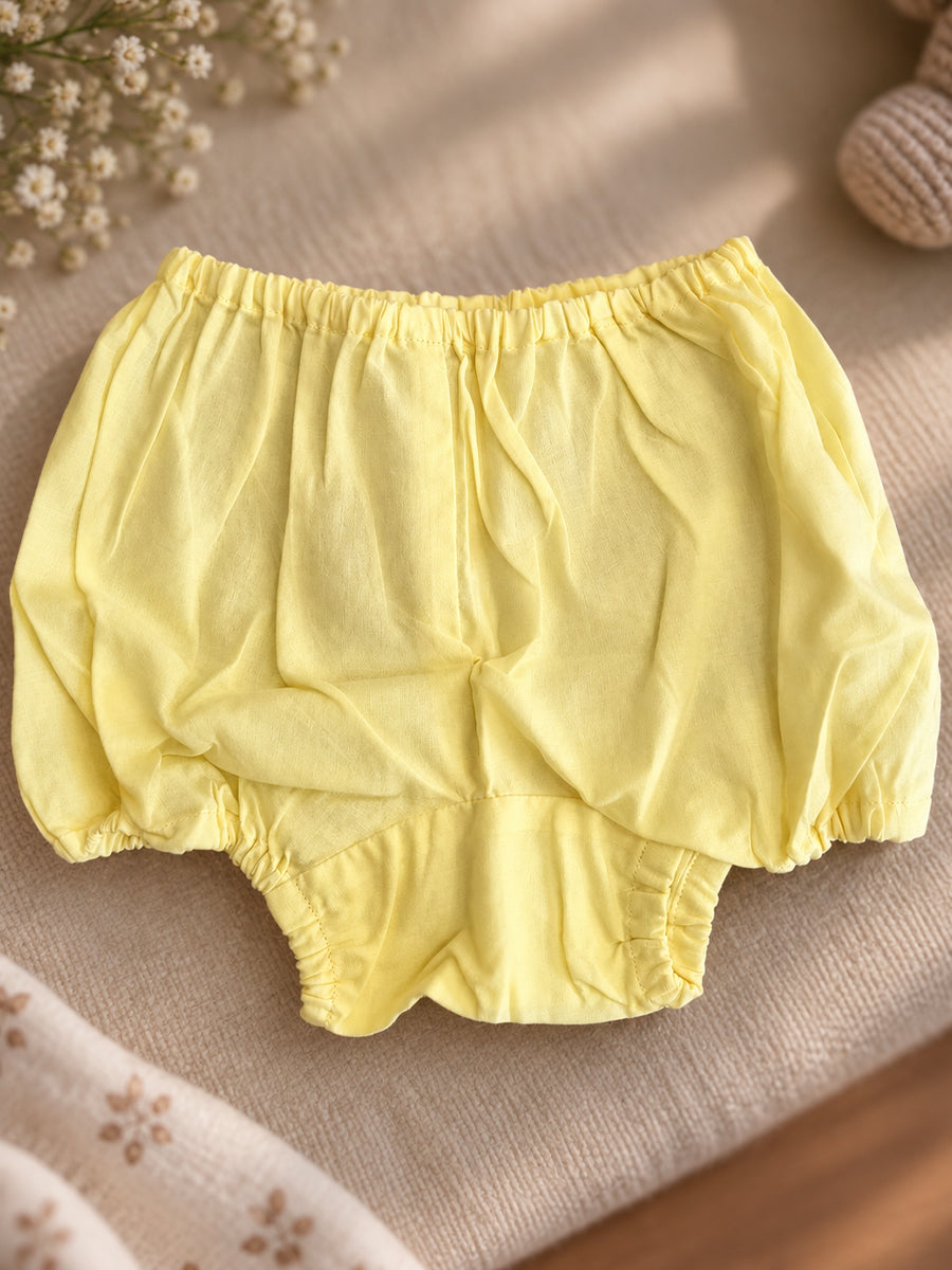 Ziva Baby Cotton V-Neck Top & Bloomer Set – Soft Yellow | Back Tie | 1 Top + 1 Bloomer