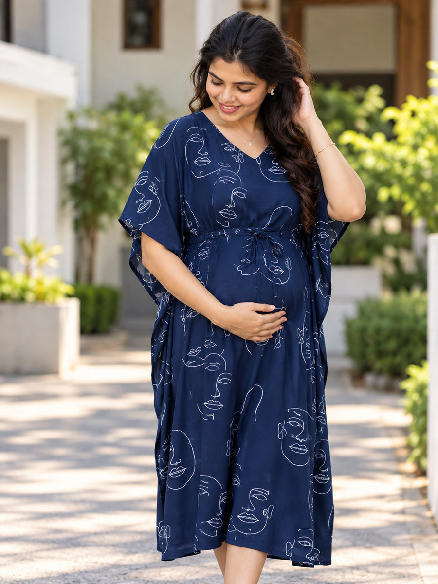 Ziva Maternity & Feeding Rayon Kaftan – Concealed Feeding Zips & Waist Adjustable Tie |Dark  Navy Blue Abstract Face Line Art Print